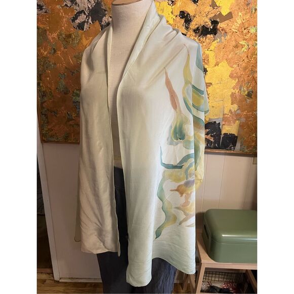 NWOT KASAGA ART TO WEAR HANDPAINTED GREEN TONE LARGE 100% SILK LONG SCARF SHAWL